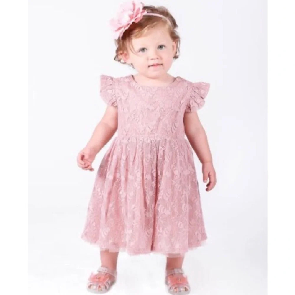 Popatu Mauve Lace Ruffle Sleeve Formal Dress Baby Girl Size 12 Months NWT